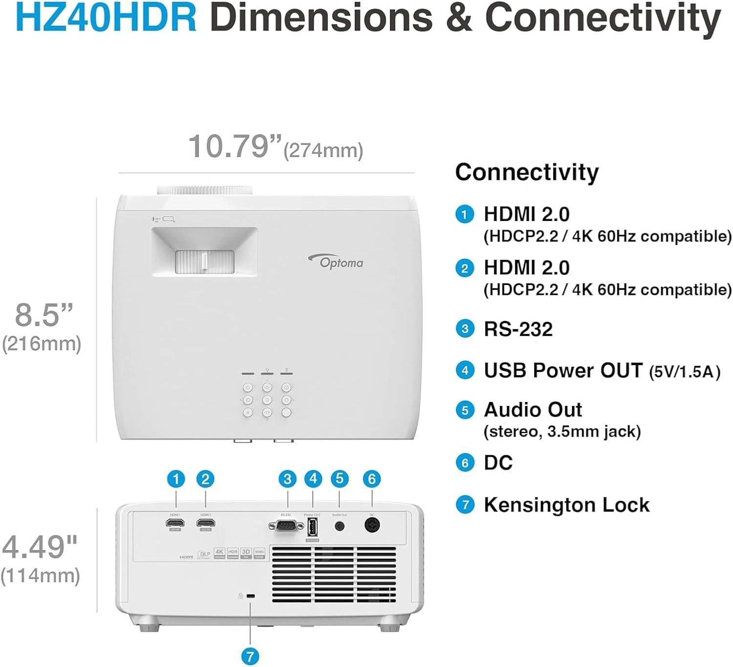 Optoma HZ40HDR 3D DLP Projector - 16:9 - Portable - High Dynamic Range (HDR) - Front - 30000 Hour Normal Mode - 300,000:1 - 4000 lm - HDMI - USB - Home, Entertainment, Gaming