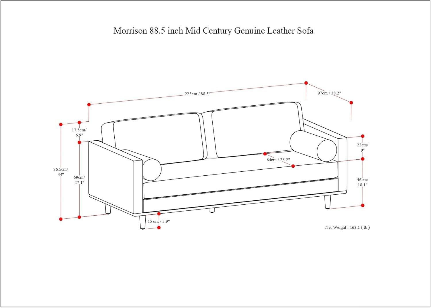 Simpli Home Morrison Genuine Leather Sofa, Mid-Century Modern Couch for Living Room, Handcrafted with Removable Cushions