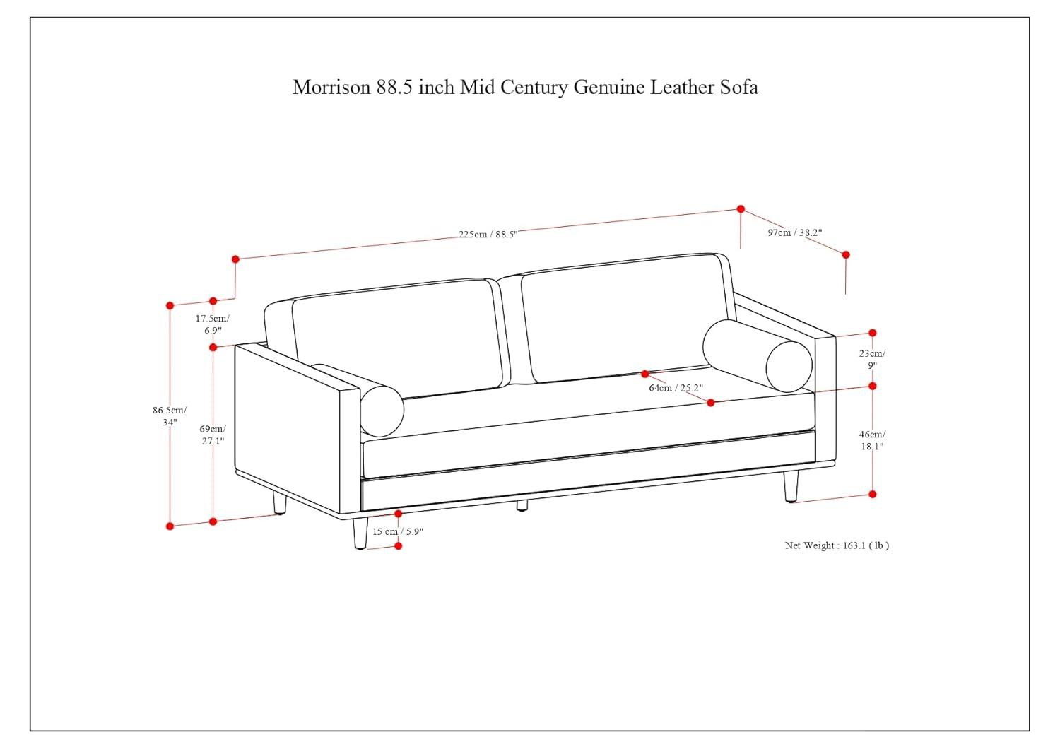 Simpli Home Morrison Genuine Leather Sofa, Mid-Century Modern Couch for Living Room, Handcrafted with Removable Cushions