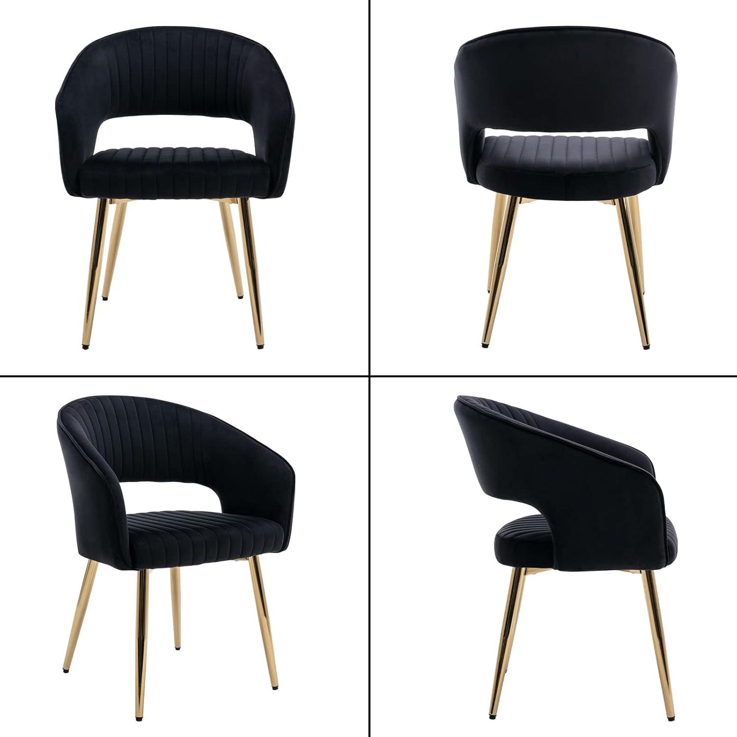 Guyou Modern Velvet Dining Chair Set of 2, Upholstered Accent Armchair with Hollow Back and Gold Metal Legs for Living Room Dining Room Kitchen Reception Room, Black