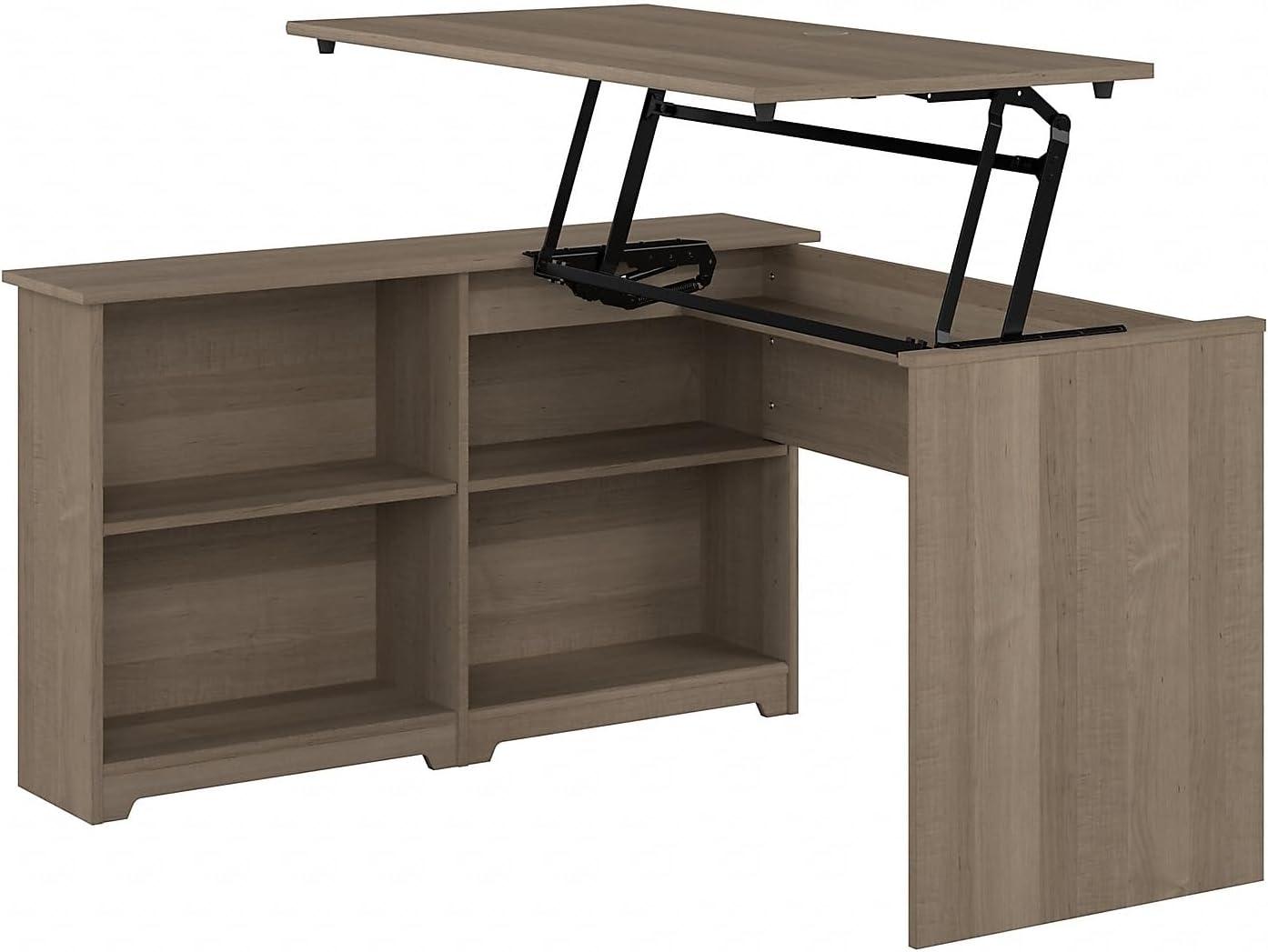 Bush Furniture Cabot 52W 3 Position Sit to Stand Corner Desk with Shelves in Ash Gray