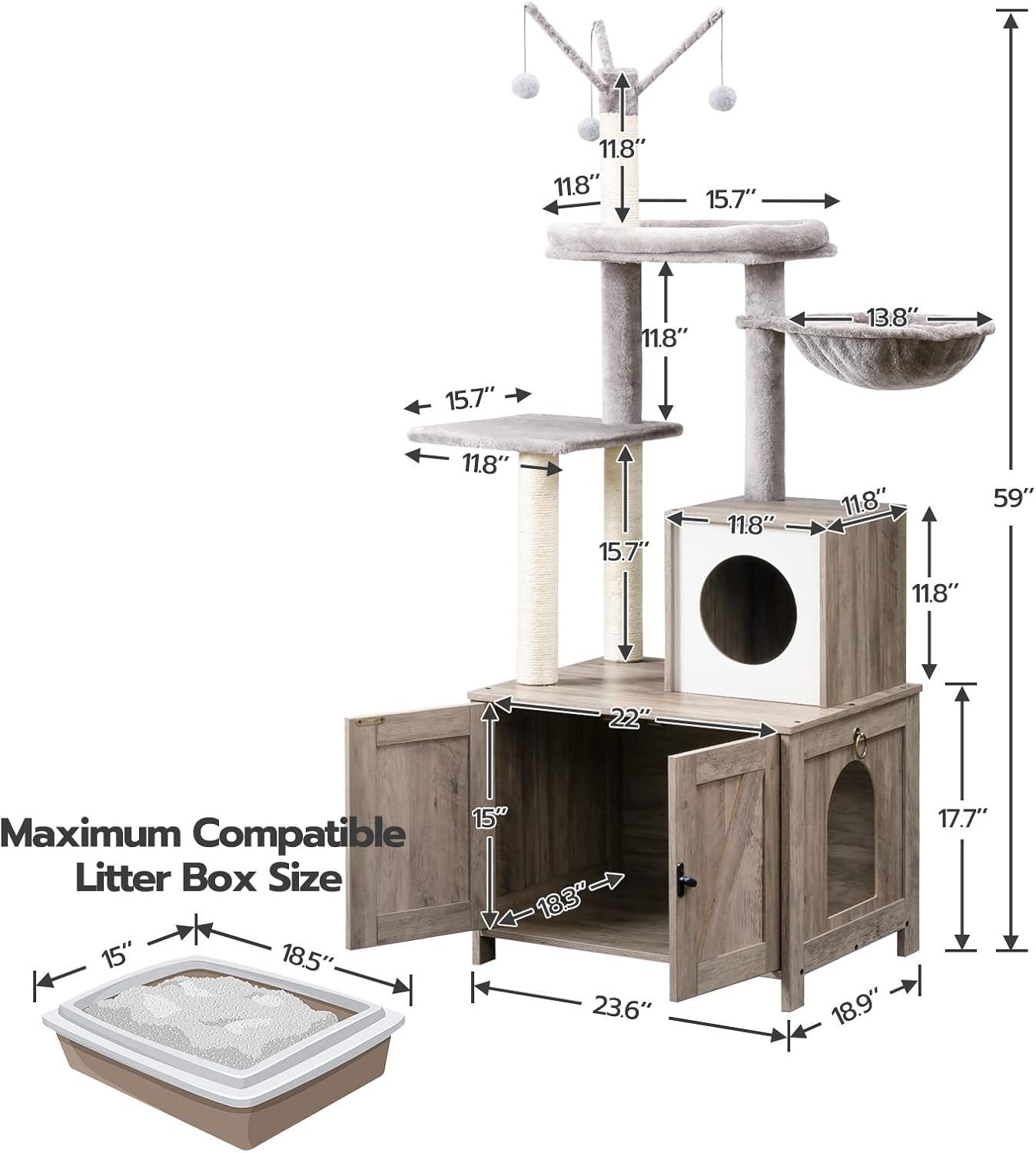 Litter Box Enclosure with Cat Tree, 2-in-1 Cat Tree Tower, Hidden Cat Litter Box Furniture with Scratching Post, Modern Cat Condo, Grey