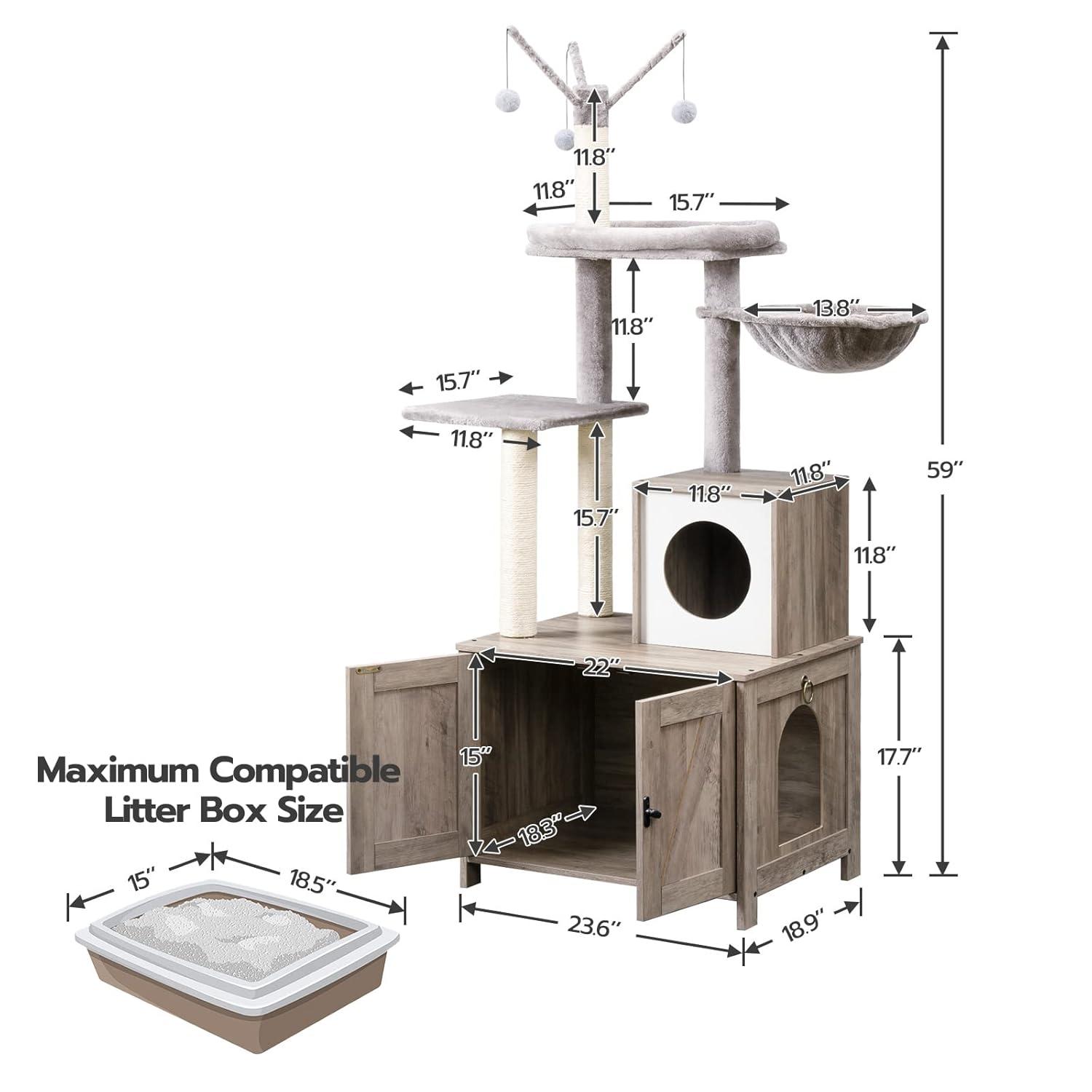 Litter Box Enclosure with Cat Tree, 2-in-1 Cat Tree Tower, Hidden Cat Litter Box Furniture with Scratching Post, Modern Cat Condo, Grey