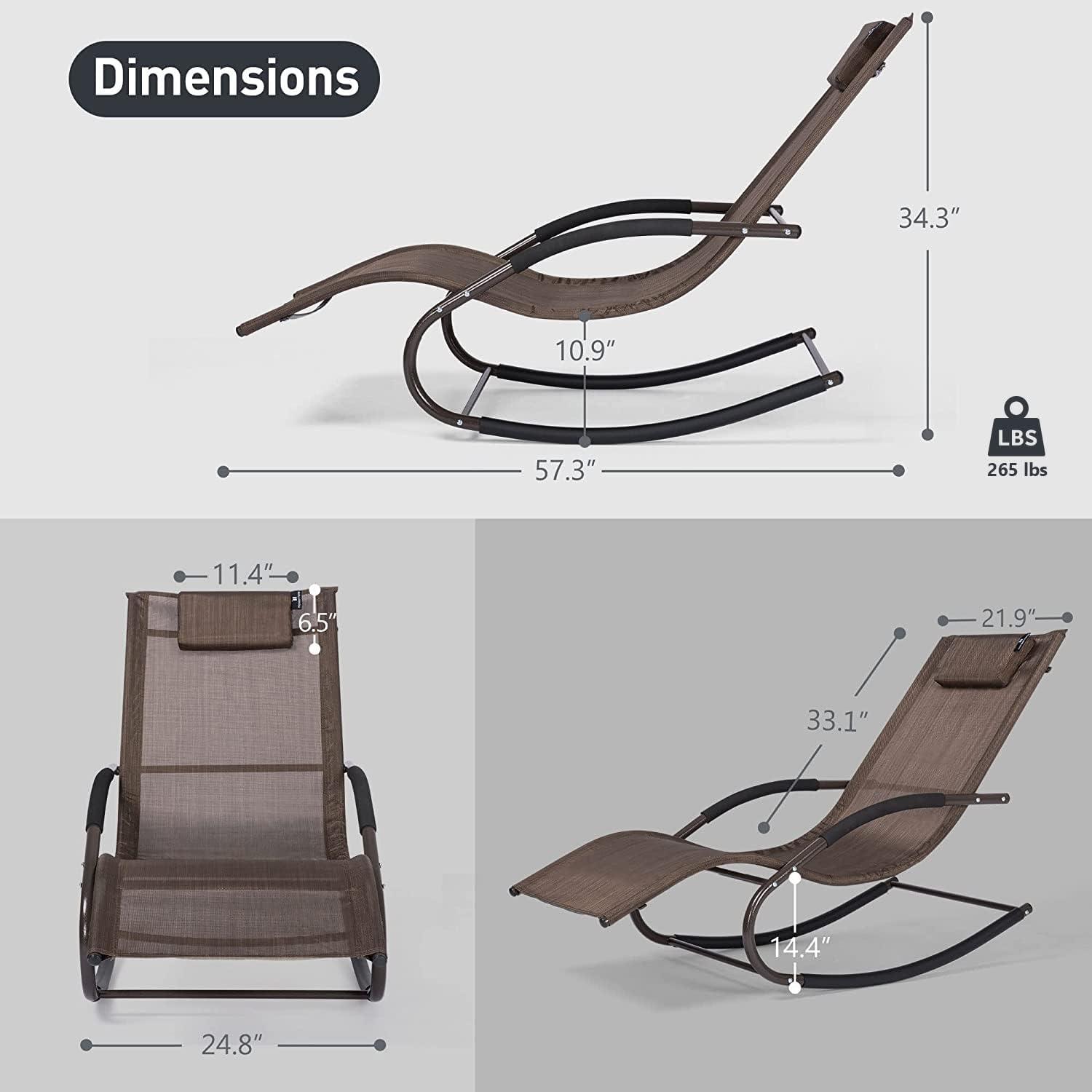 Brown Ergonomic Outdoor Rocking Chaise Lounge with Cushion