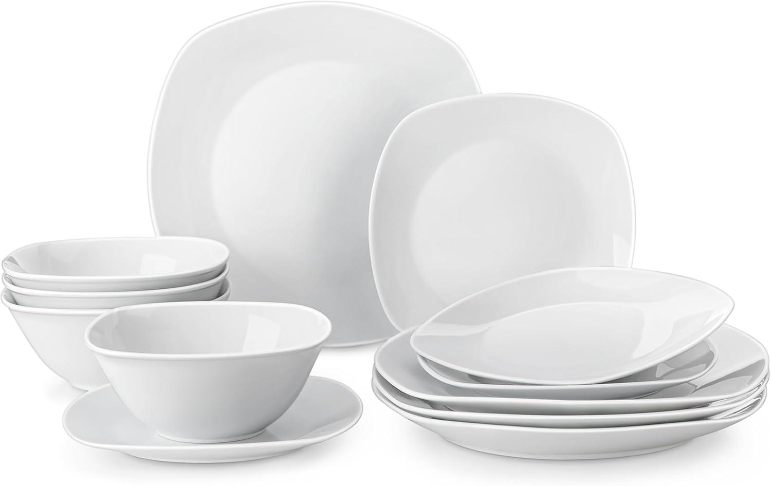 MALACASA Plates and Bowls Set, 12 Pieces Porcelain Dinnerware Sets, Gray White Dishes Set for 4, Chip and Scratch Resistant Square Dishware Sets, Series ELISA