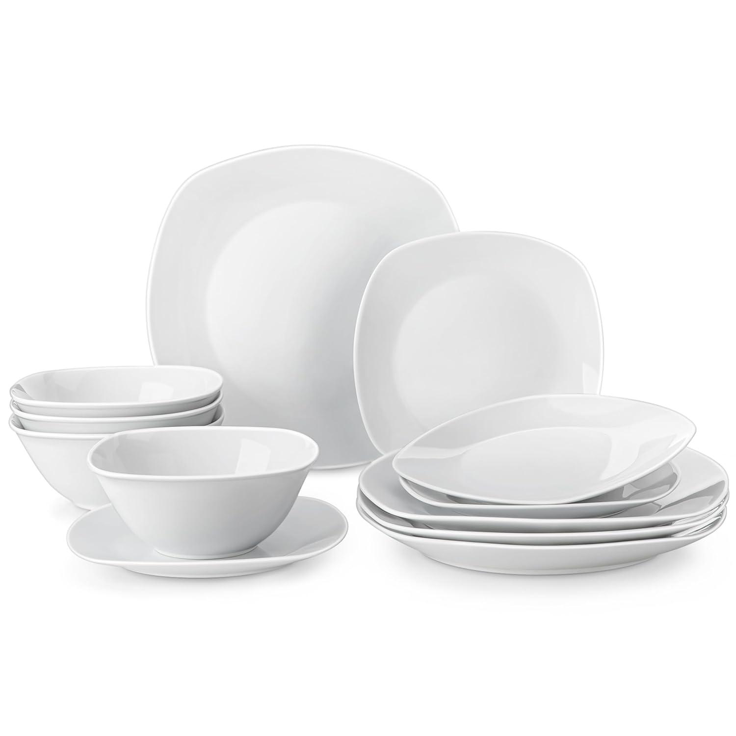 MALACASA Plates and Bowls Set, 12 Pieces Porcelain Dinnerware Sets, Gray White Dishes Set for 4, Chip and Scratch Resistant Square Dishware Sets, Series ELISA