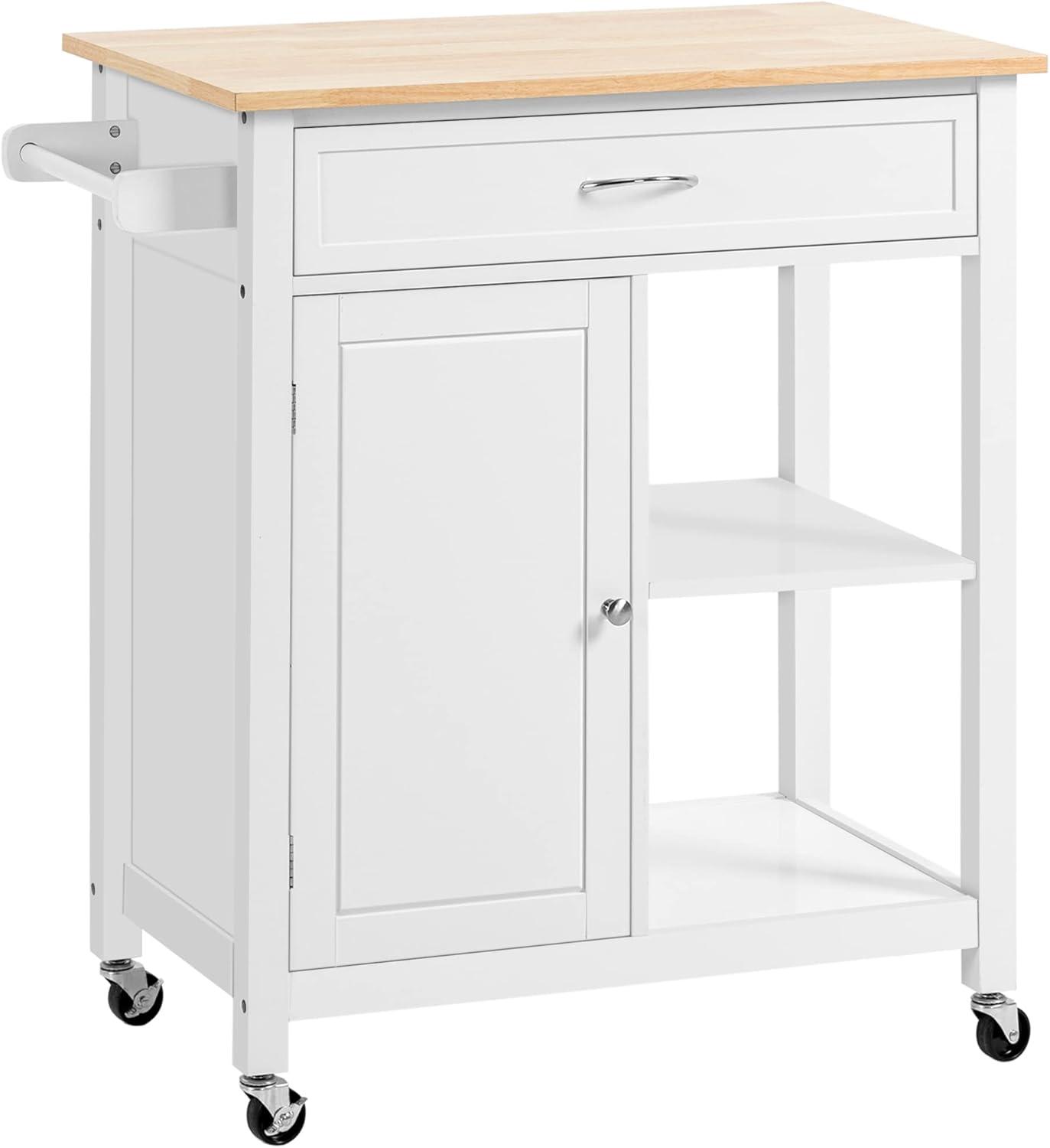 White Rolling Kitchen Island Cart with Solid Wood Top and Storage