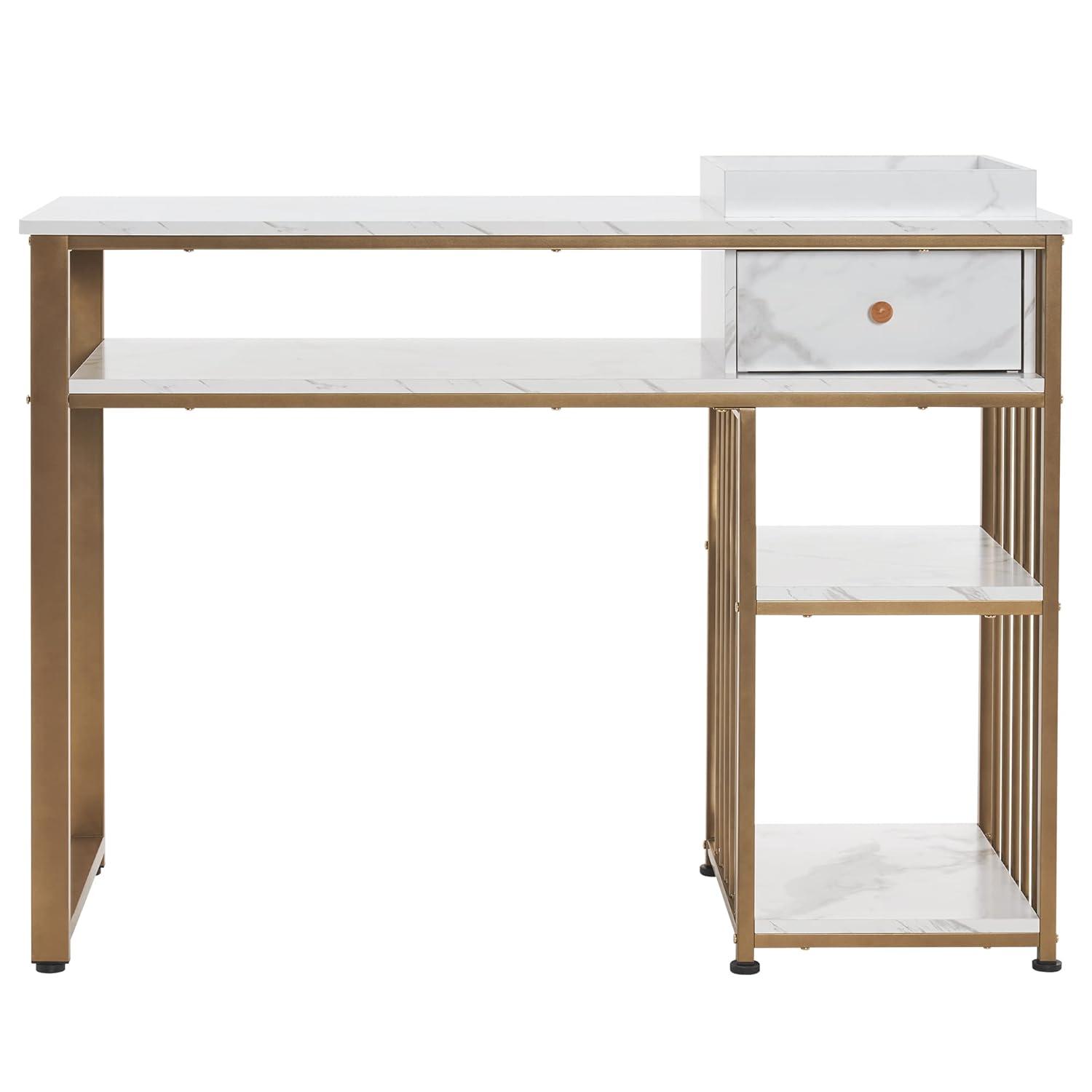 BarberPub Makeup Vanity Desk with Storage, Manicure Table with Metal Frame, Faux Marble Top