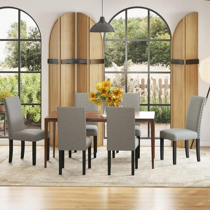 Upholstered Dining Chairs Set pf 2 Studded Parson Chairs with Nailheads and Sturdy Wooden Legs, Grey