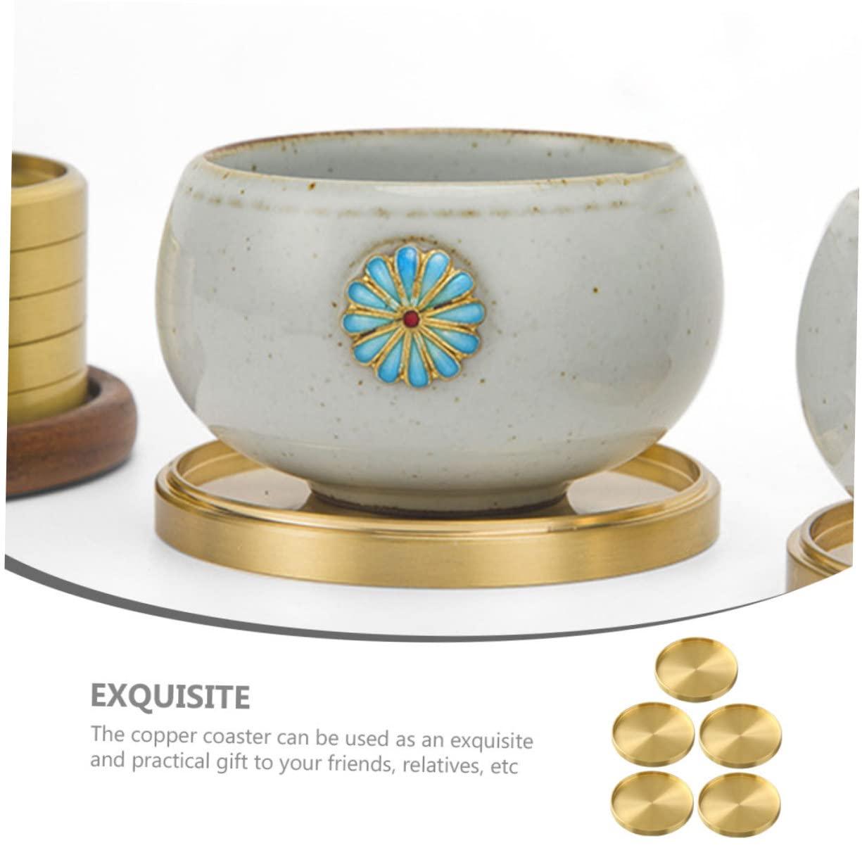 HERFIER 5pcs Copper Cup Coasters Cup Mats Saucers Teacup Storage Holder Coffee Cup Mats 2.59x2.59x0.24in