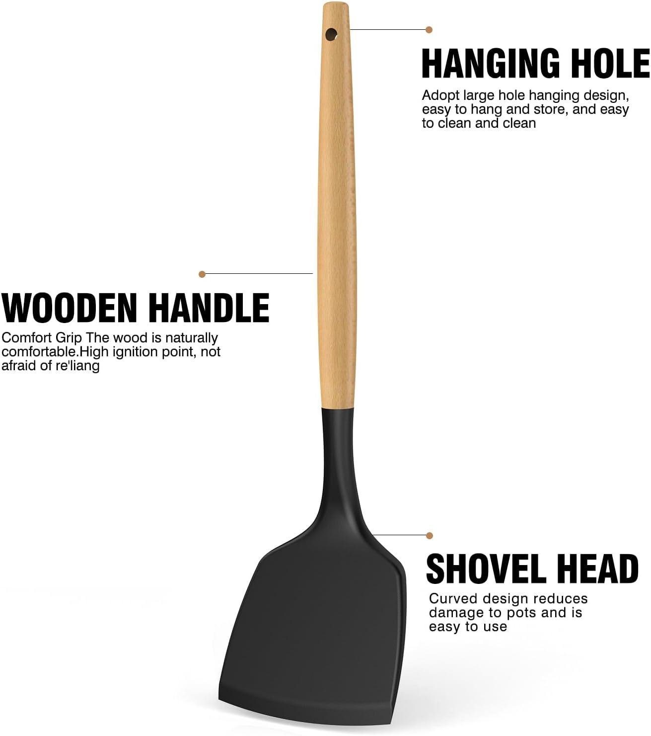 Black Silicone Cooking Utensils Set with Wooden Handles and Holder