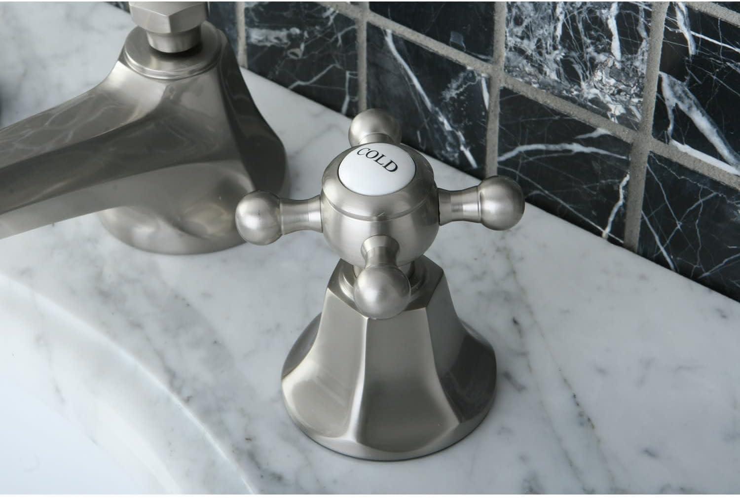 Kingston Brass Metropolitan Two-Handle 3-Hole Deck Mount Widespread Bathroom Faucet with Brass Pop-Up Drain