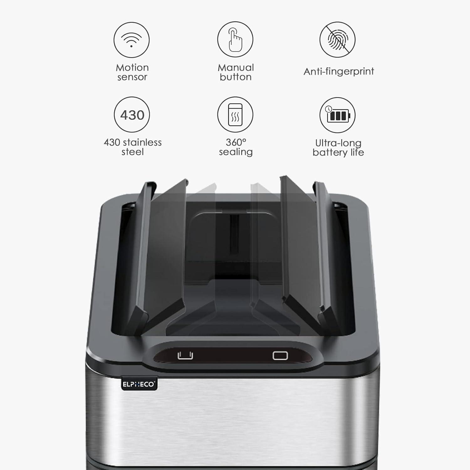 Kitchen Trash Can - ELPHECO - 40 Liter / 10.6 Gallon Automatic Trash Can with Butterfly Lid, Brushed Stainless Steel Finish, Motion Sensor Garbage Can for Kitchen, Office, Living Room, Outside, 6 AAA