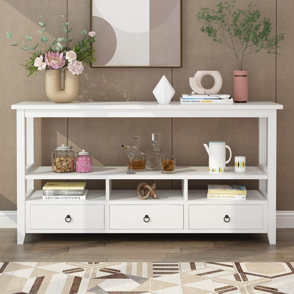 57.9" Vintage Console Table with 3 Drawers and Open Shelf, 3-Tier Buffet Sideboard, Narrow Sofa Table Entryway Table for Living Room, Kitchen Counter, White