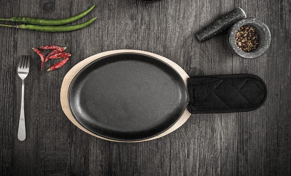 Pre-Seasoned Cast Iron Fajita Pan Set with Bamboo Base