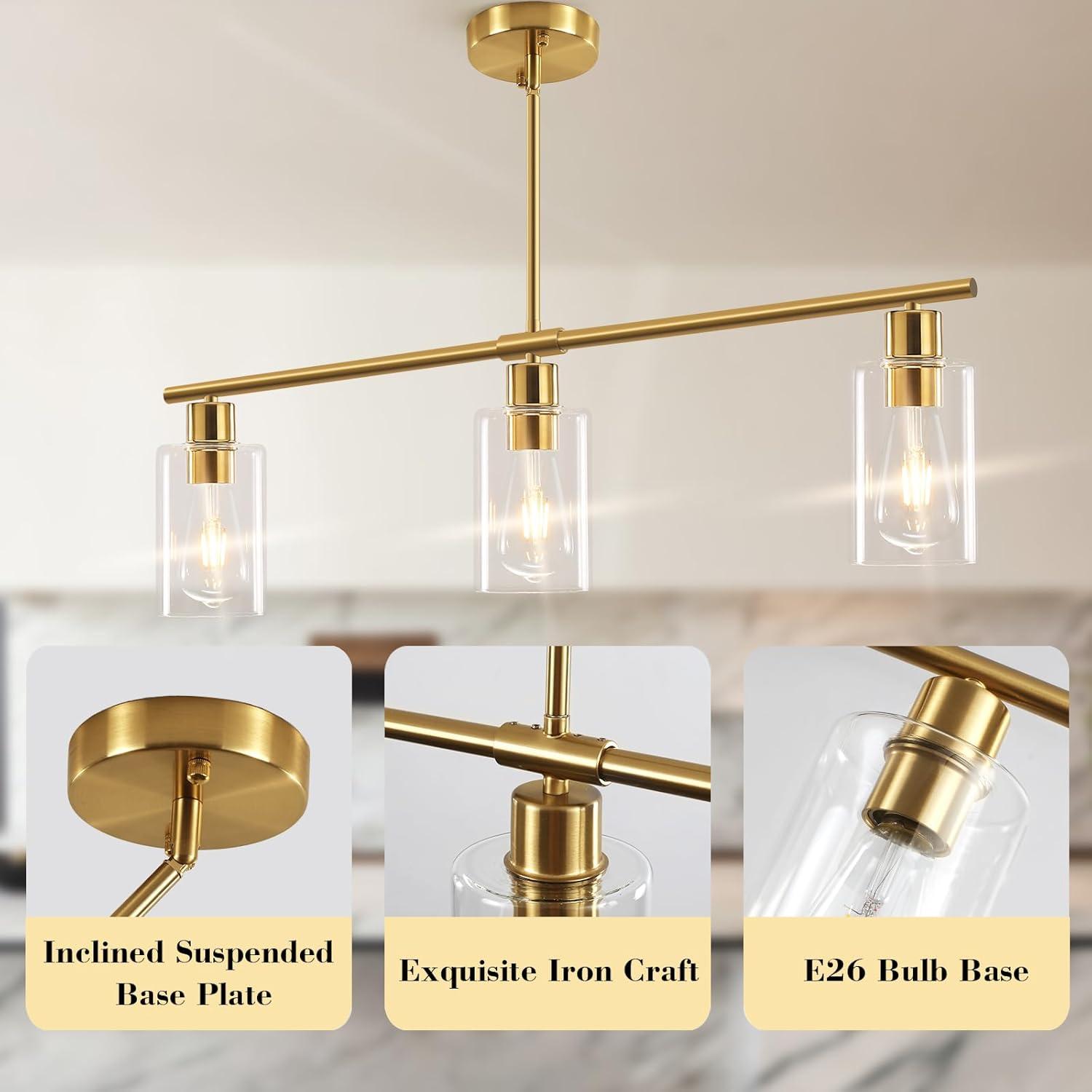 Gold Linear 3-Light Pendant with Clear Glass Shades