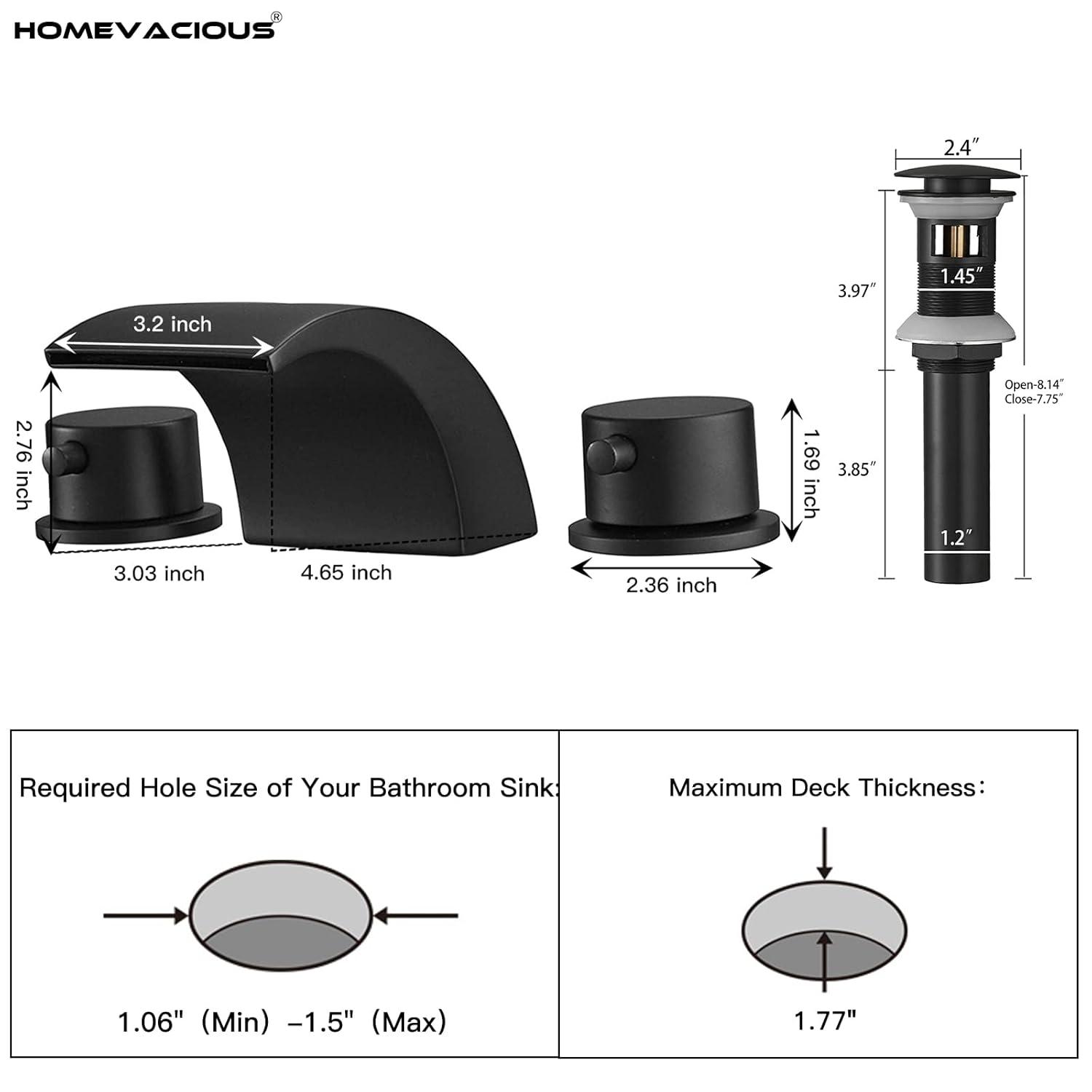 BWE 8 in. Widespread Waterfall Double Handle Three Holes Bathroom Faucet With Led Light in Black