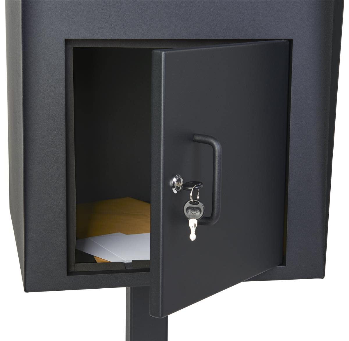 Displays2go 16 w x 52 h Outdoor Pedestal Drop Box w/ Permanent Mounting and Steel Build - Black (FDHDBBP1)