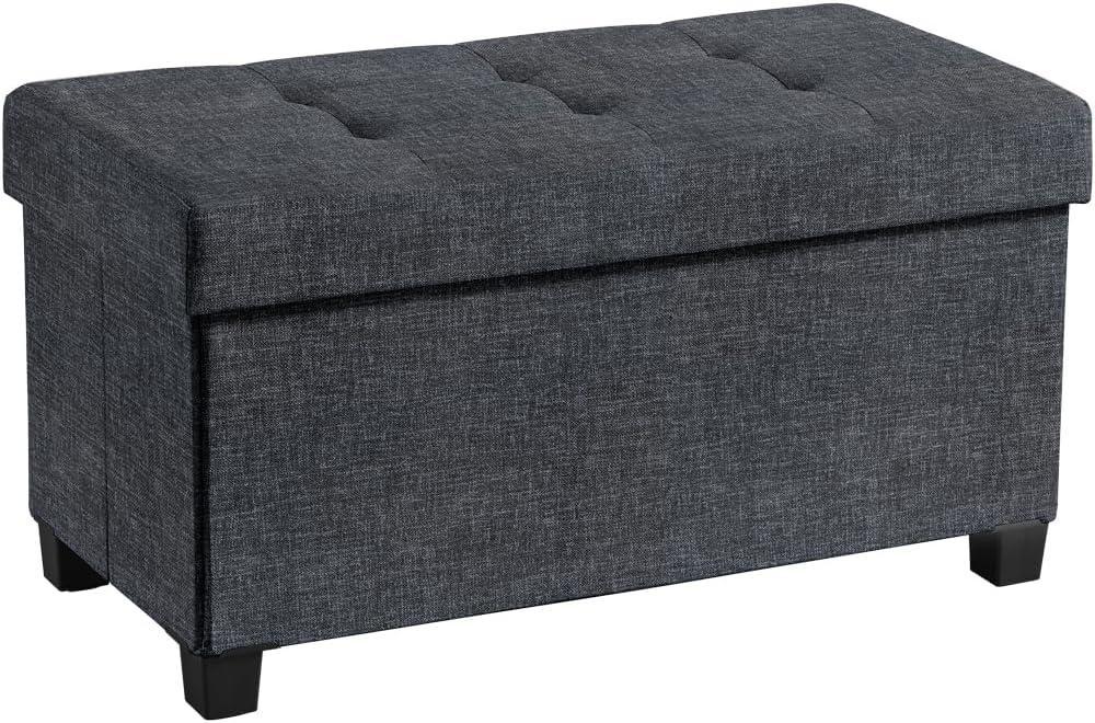 Ornavo Home Foldable Tufted 30 Inch Linen Bench Storage Ottoman with Legs - Black