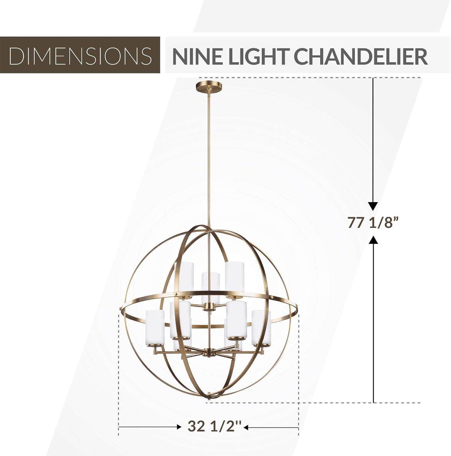 Satin Brass 9-Light Chandelier with Etched Glass Shades