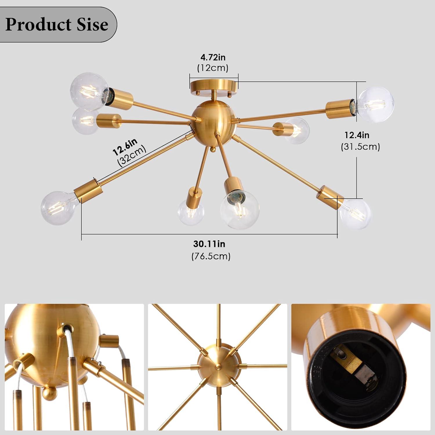 Gold Metal 8-Light Sputnik Semi Flush Mount Ceiling Light