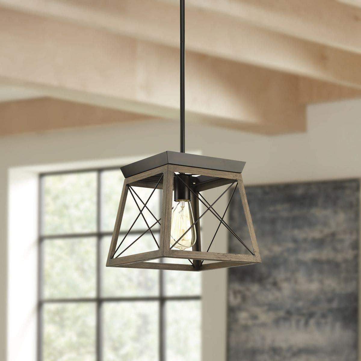 Progress Lighting Briarwood 1-Light Mini-Pendant, Antique Bronze, Steel, Faux-Painted Wood Enclosure