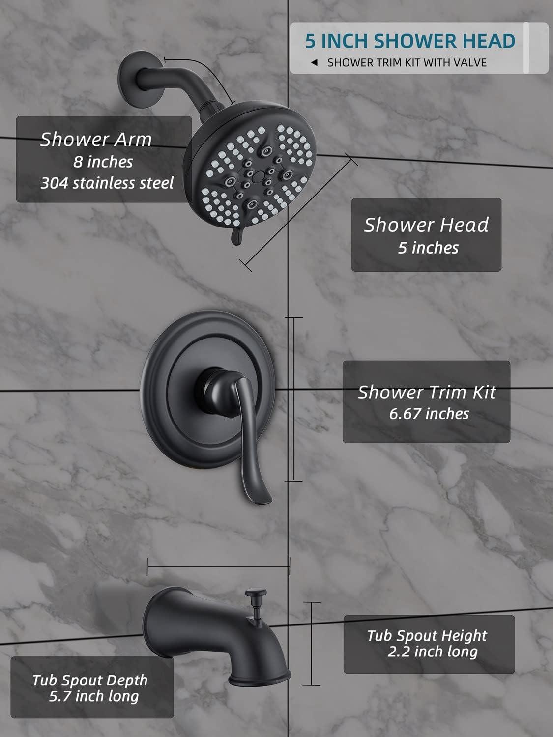 ELLOALLO Complete Shower System with Tub Shower Faucet Set 5in Head Matte Black Black Matte