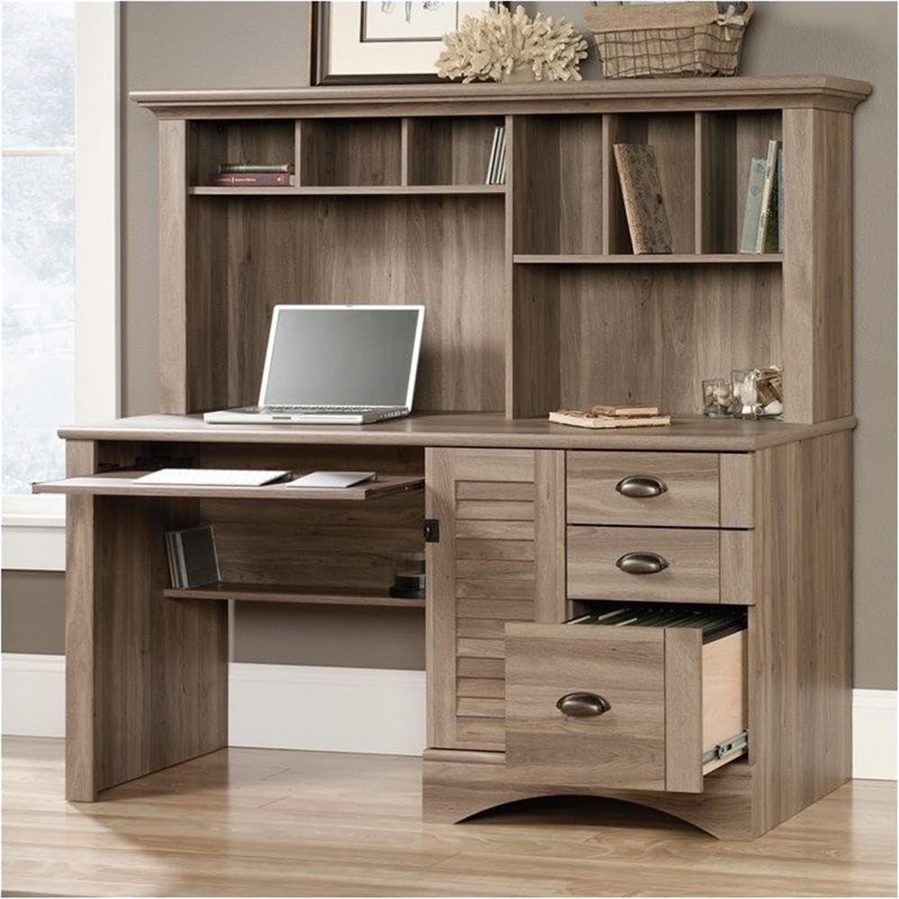 Salt Oak Wood Computer Desk with Hutch and Storage