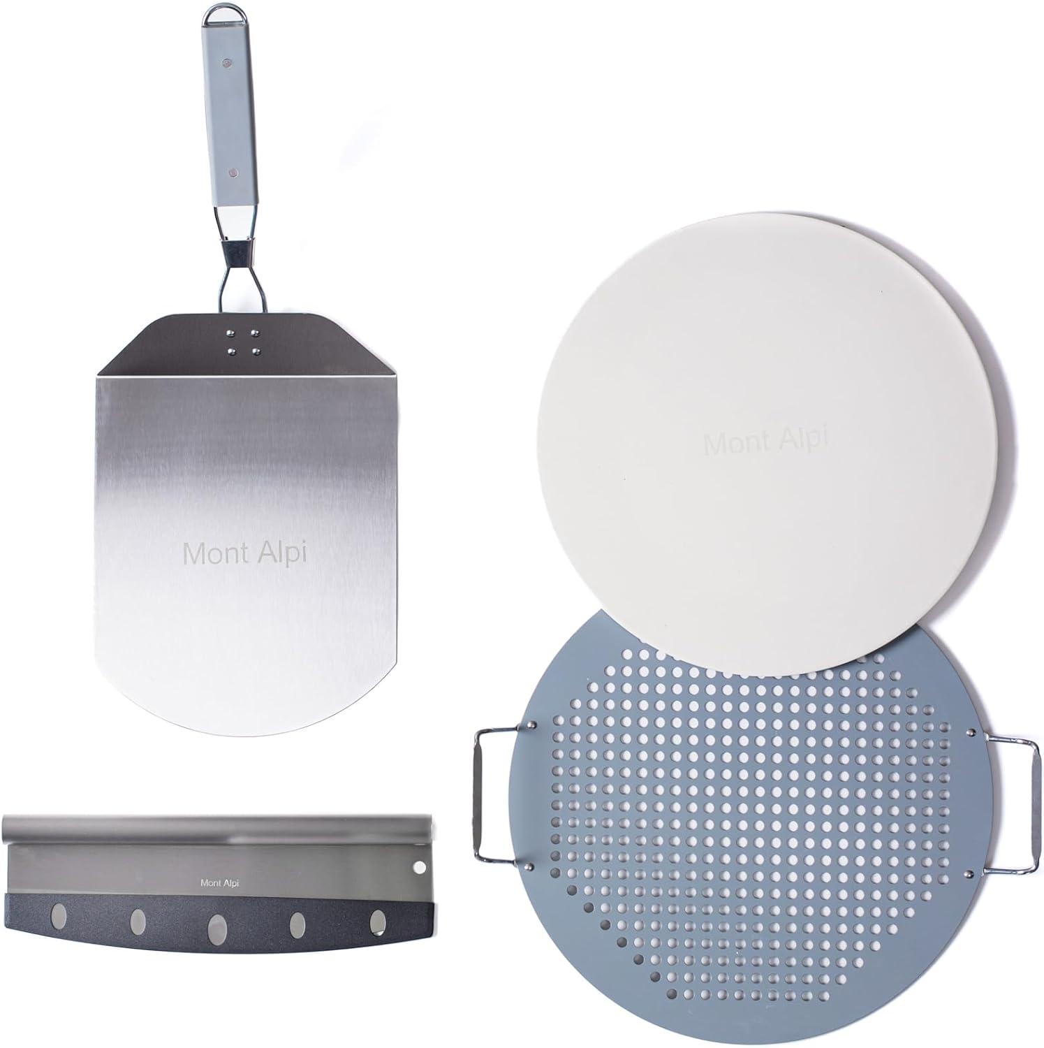 Mont Alpi Mont Alpi MAPK Universal Outdoor Grill Pizza Making Converter Kit - Pizza Stone Rest with Handles, 15" Pizza Stone, Stainless Steel Fold up Pizza Peel and Chicago Style Pizza Rocker Cutter Knife