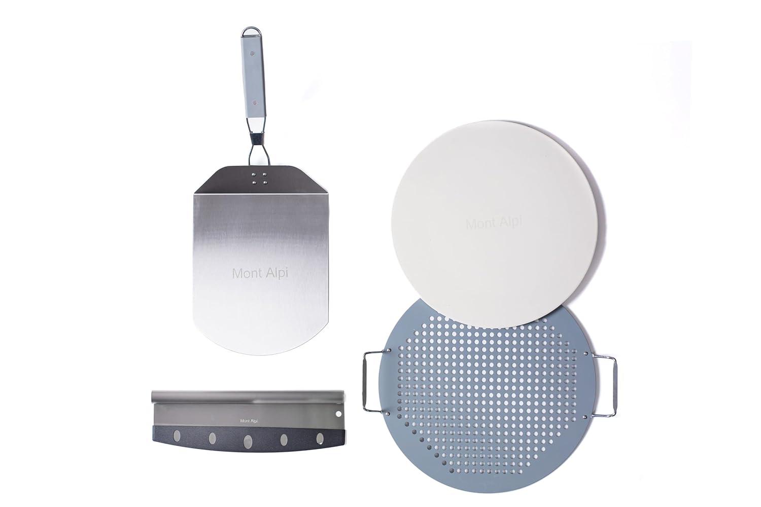 Mont Alpi Mont Alpi MAPK Universal Outdoor Grill Pizza Making Converter Kit - Pizza Stone Rest with Handles, 15" Pizza Stone, Stainless Steel Fold up Pizza Peel and Chicago Style Pizza Rocker Cutter Knife