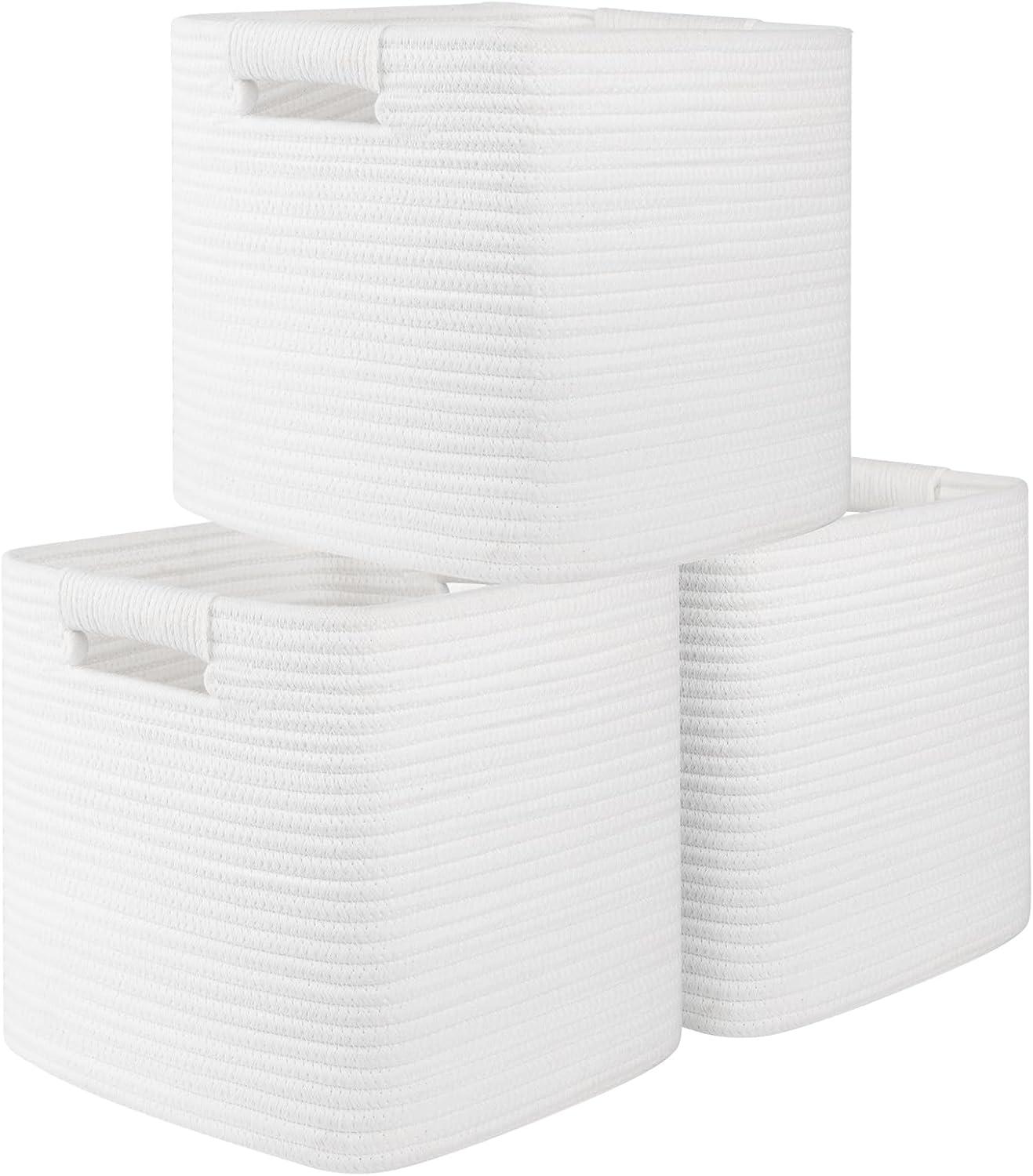 White Cotton Rope Woven Square Storage Baskets, 3-Pack