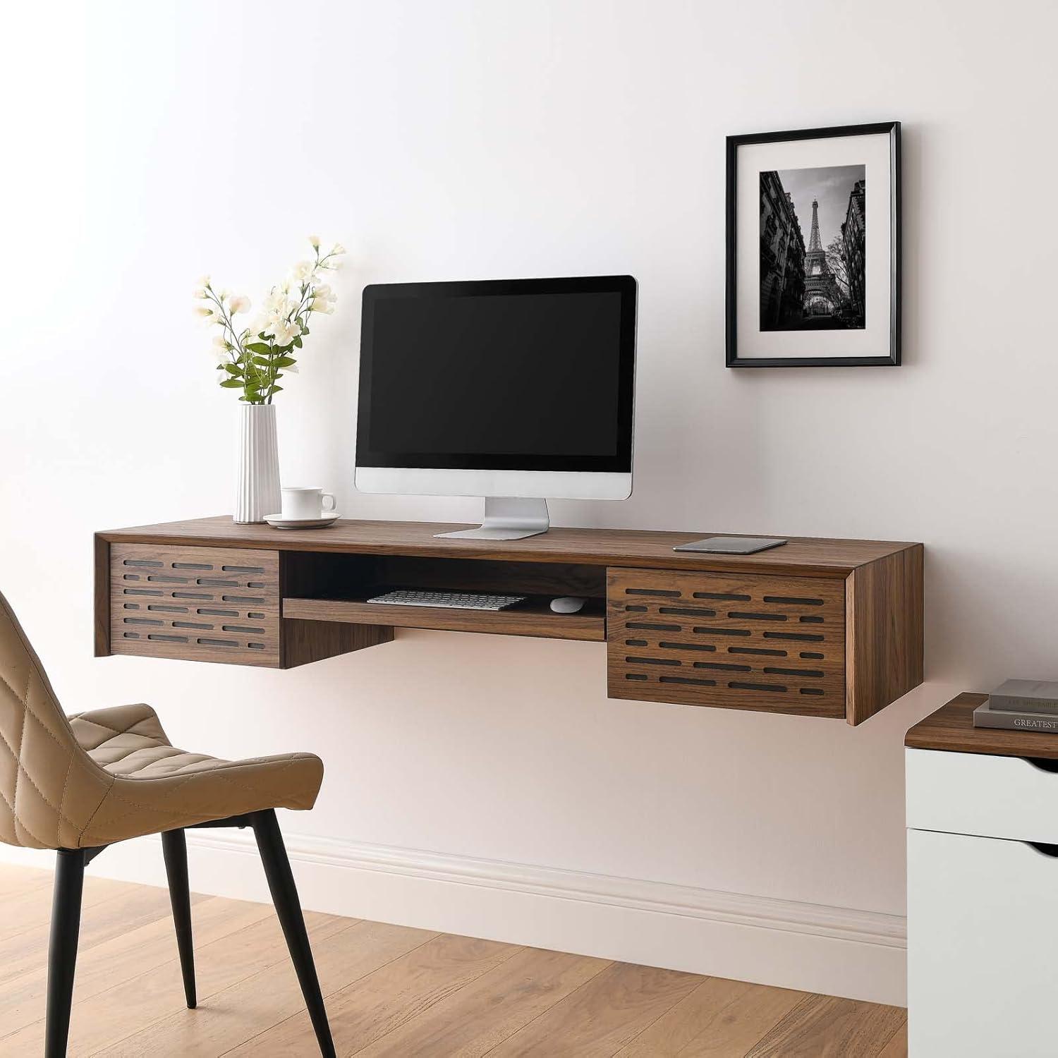 Walnut Wall-Mount Office Desk with Keyboard Tray and Drawers