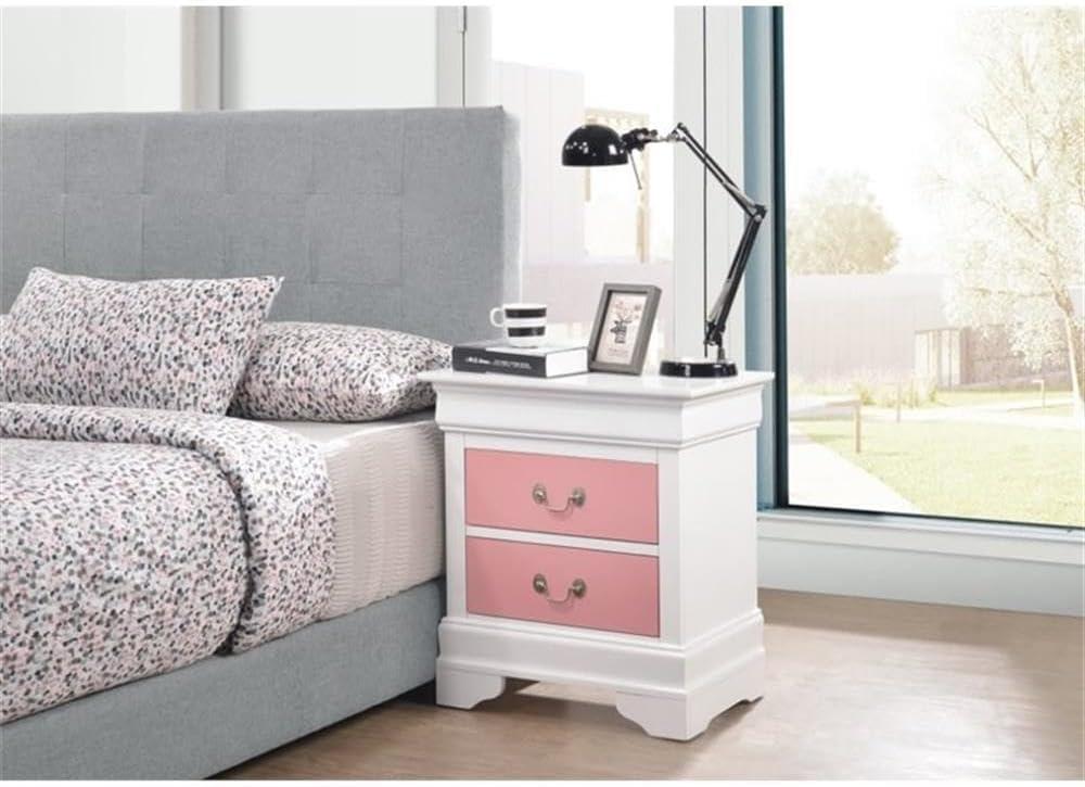 Pink and White Solid Wood 2-Drawer Nightstand