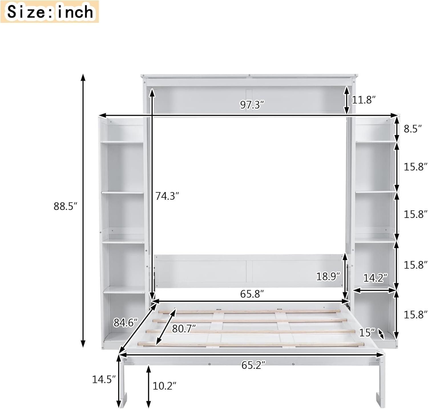 White Queen Size Murphy Bed with Shelves and LED Lights