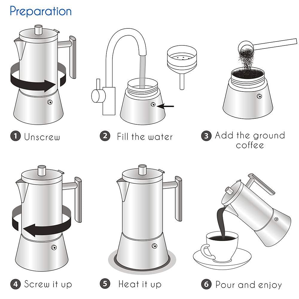 Easyworkz Diego 6 Cup Stovetop Espresso Maker Stainless Steel Italian Coffee Maker Induction Moka Pot Black, 10 oz