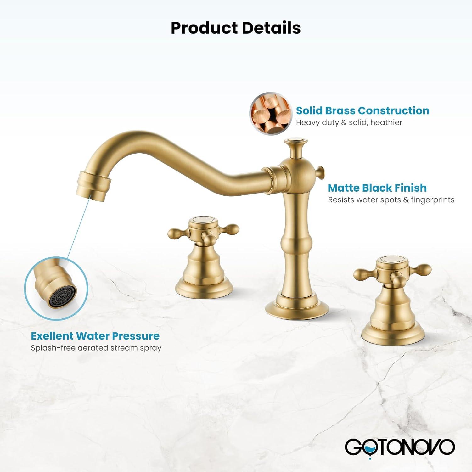 gotonovo Bathroom Faucet 3 Hole 8 Inch Widespread Bathroom Sink Faucet 2 Cross Handles Vintage Lavatory Vanity Mixer Tap with Pop Up Drain, H C Label, Antique Brass