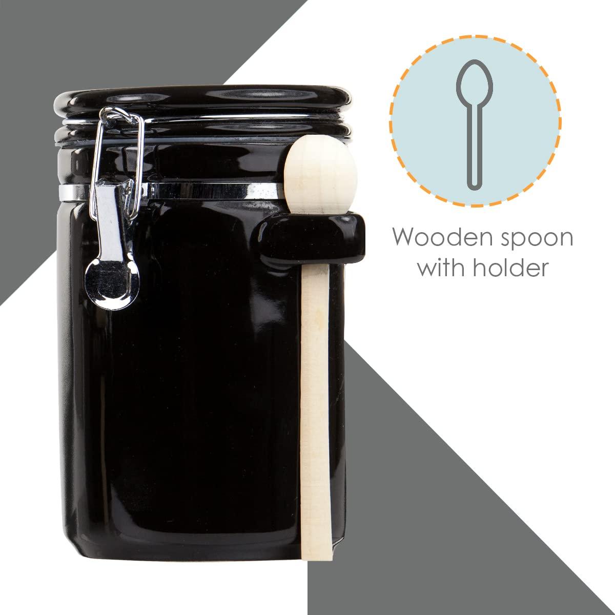 White Ceramic Canister Set with Wooden Spoons and Flip Top Lid