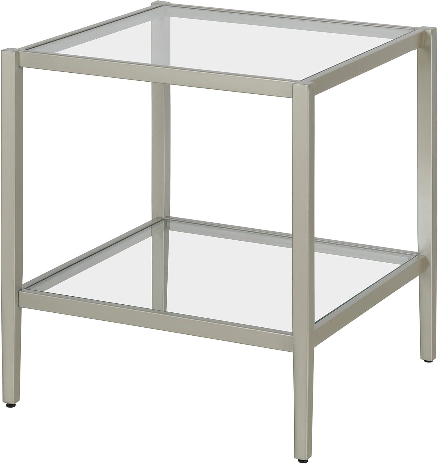 Evelyn&Zoe Hera 20" Wide Square Side Table with Glass Shelf, Satin Nickel