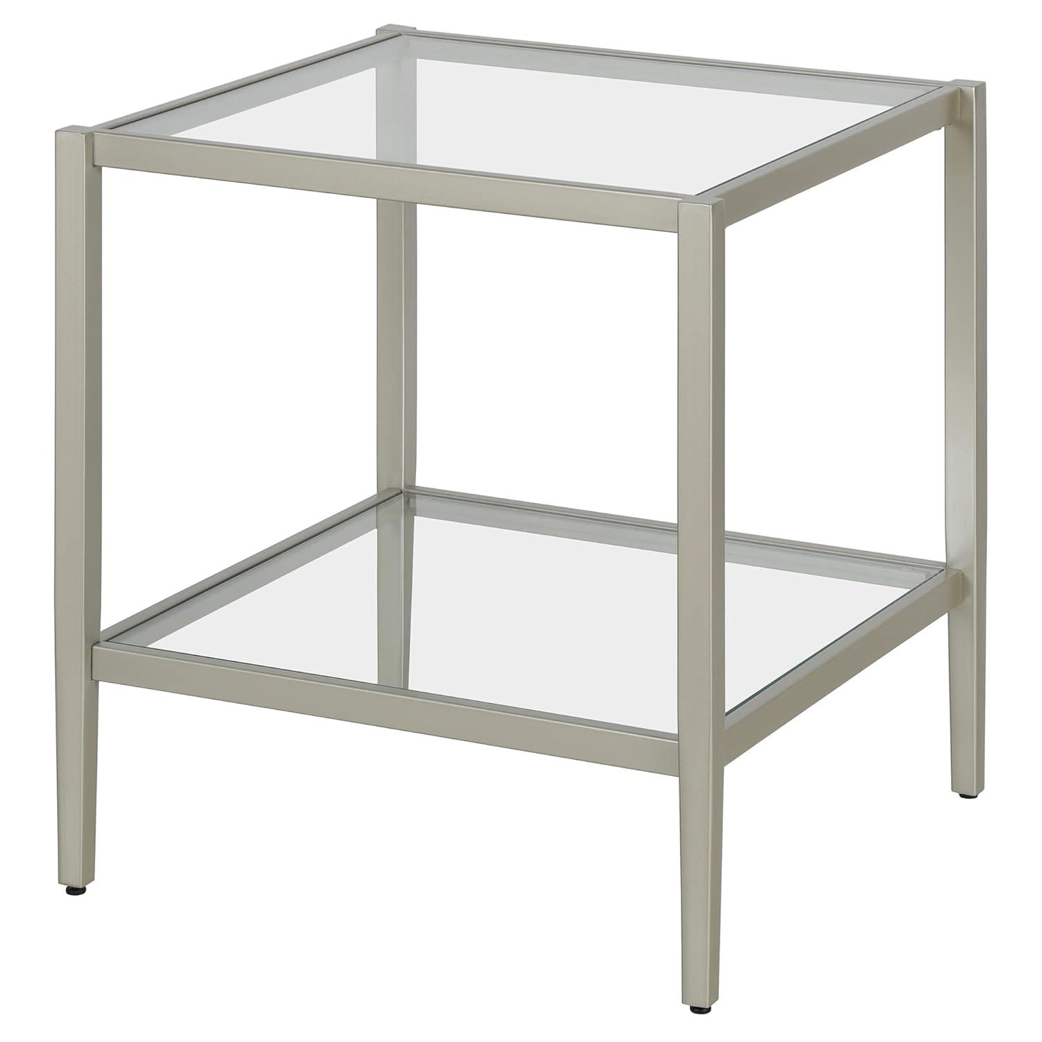 Evelyn&Zoe Hera 20" Wide Square Side Table with Glass Shelf, Satin Nickel