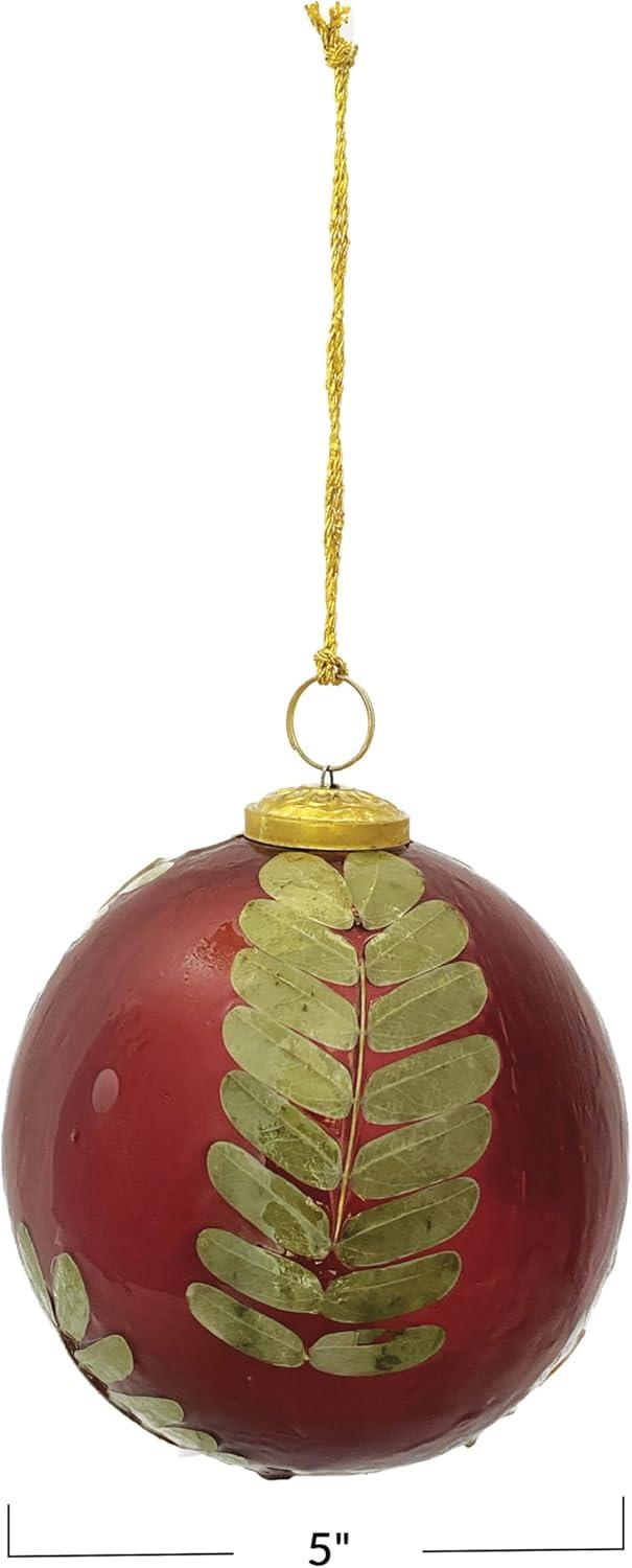 Red and Gold Glass Ornament with Eucalyptus Leaves