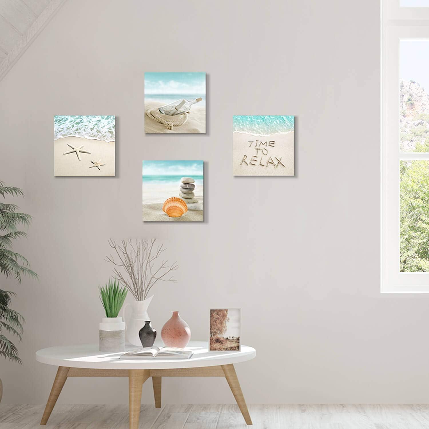 Coastal Beach Canvas Wall Art Set with Seashells and Starfish