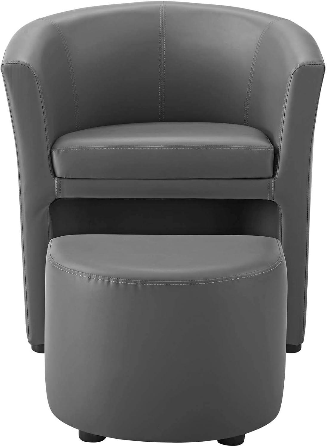 Streamlined Gray Faux Leather Barrel Armchair with Ottoman