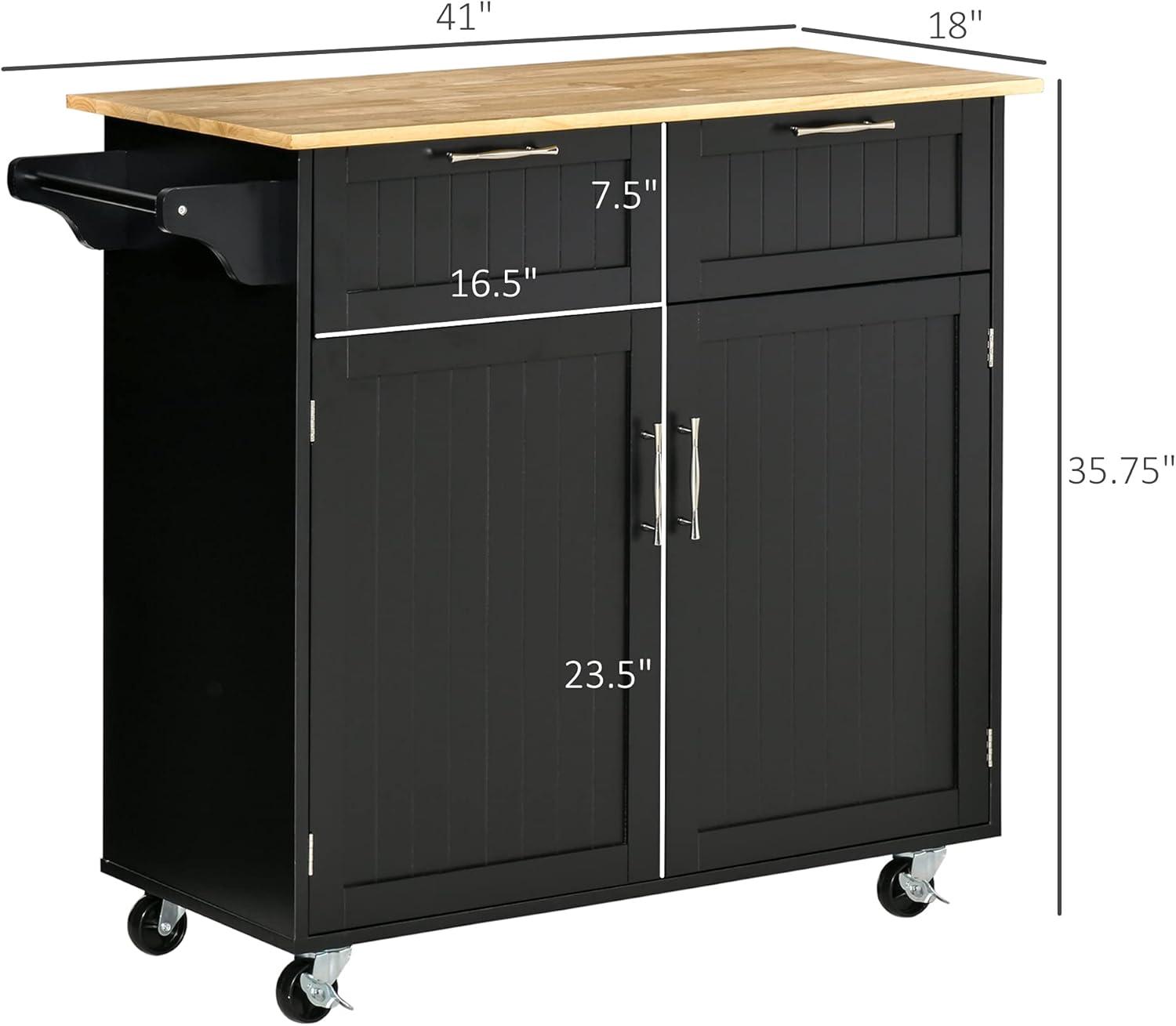 HOMCOM 41" Modern Rolling Kitchen Island on Wheels, Utility Cart Storage Trolley with Rubberwood Top & Drawers, Grey