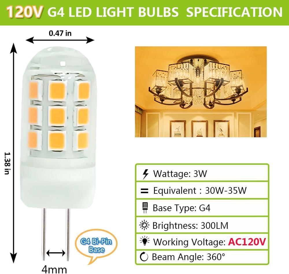 G4 LED Bulb 120V Bi-Pin Base, 3W Soft Warm White 3000K, Replaces 30W-35W Halogen for Under Cabinet, Ceiling, Wall, and Puck Lights