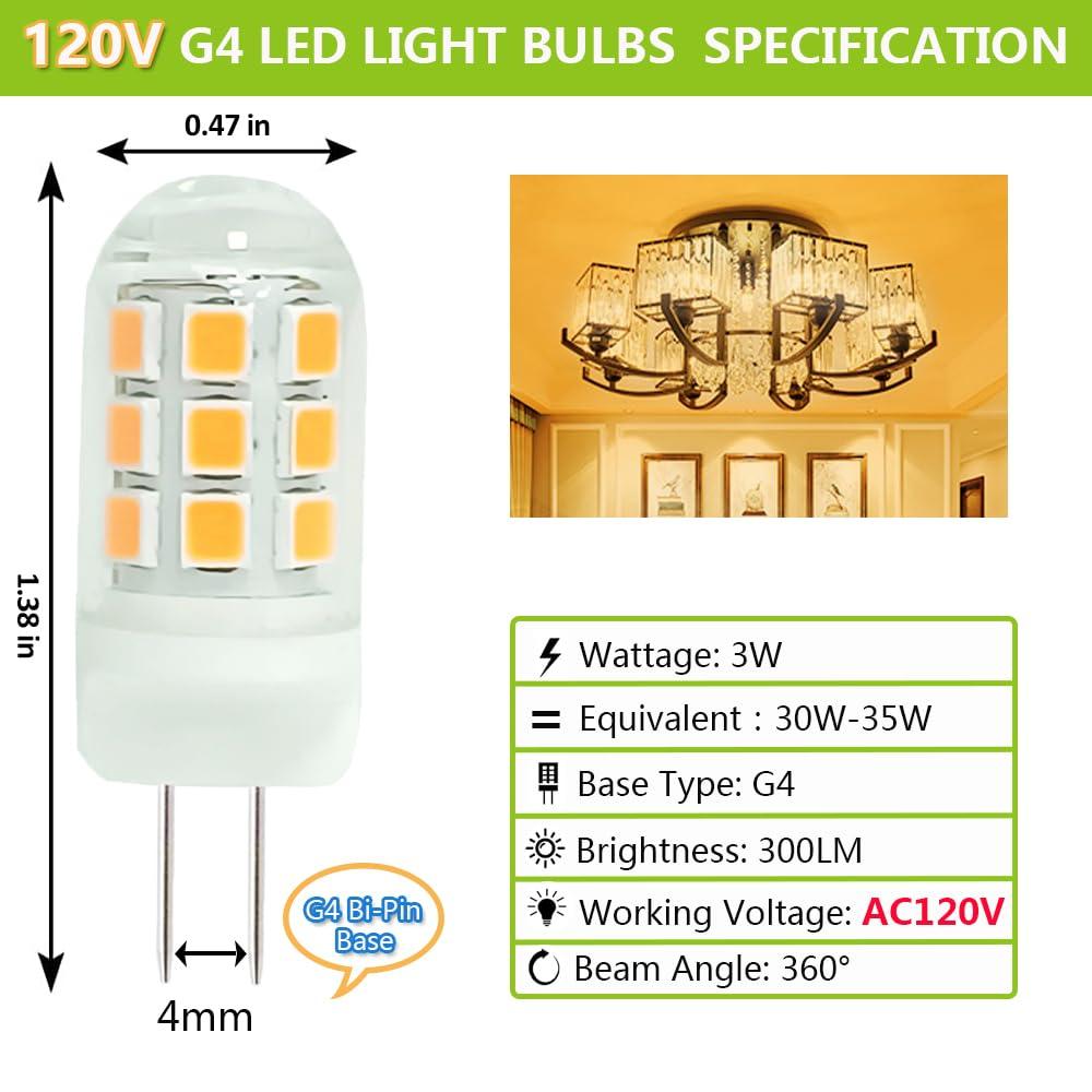 G4 LED Bulb 120V Bi-Pin Base, 3W Soft Warm White 3000K, Replaces 30W-35W Halogen for Under Cabinet, Ceiling, Wall, and Puck Lights
