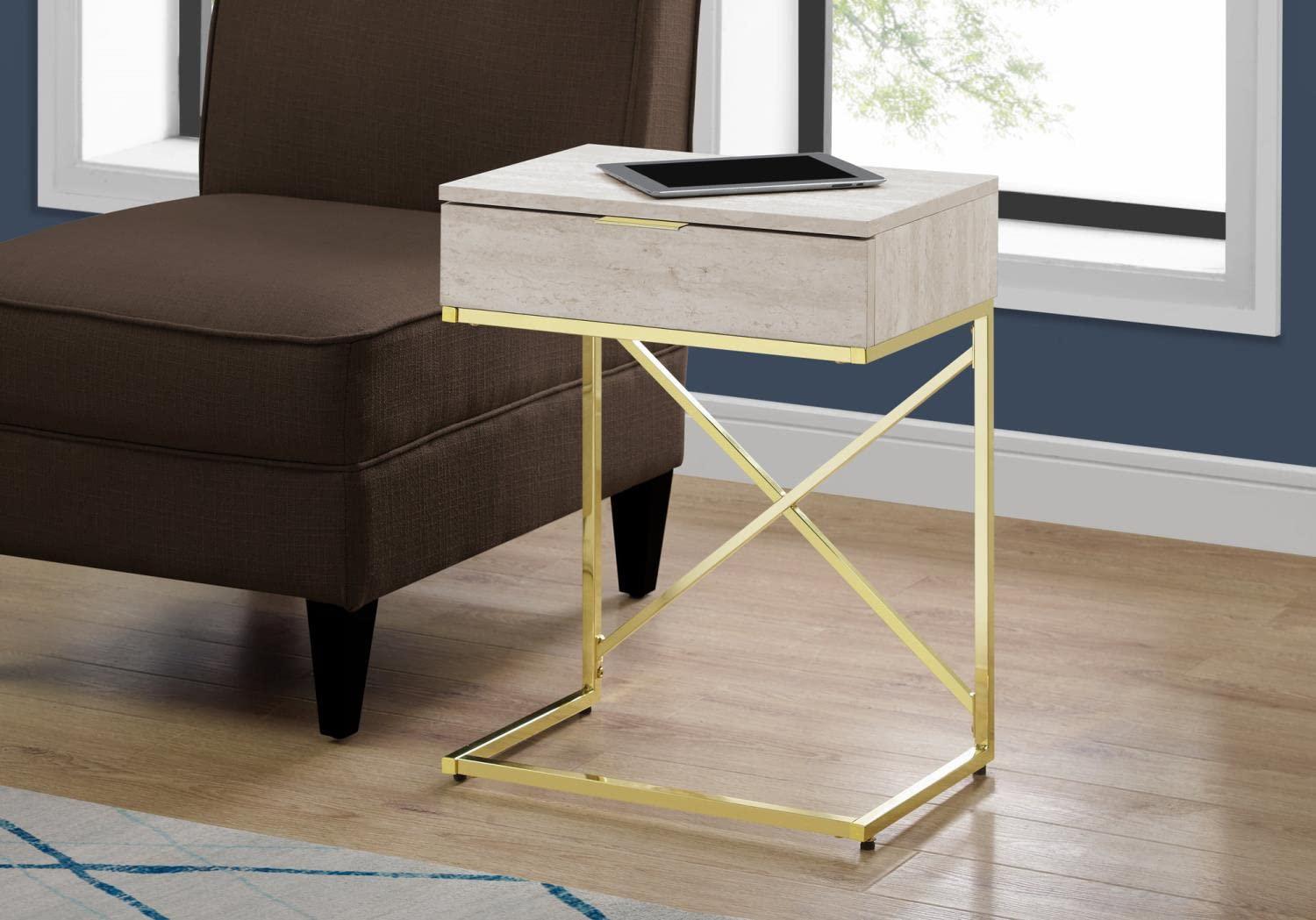 Monarch Specialties Accent Table Side End Nightstand Lamp Storage Drawer Living Room Bedroom Metal Laminate Beige Marble Look Gold Contemporary Modern