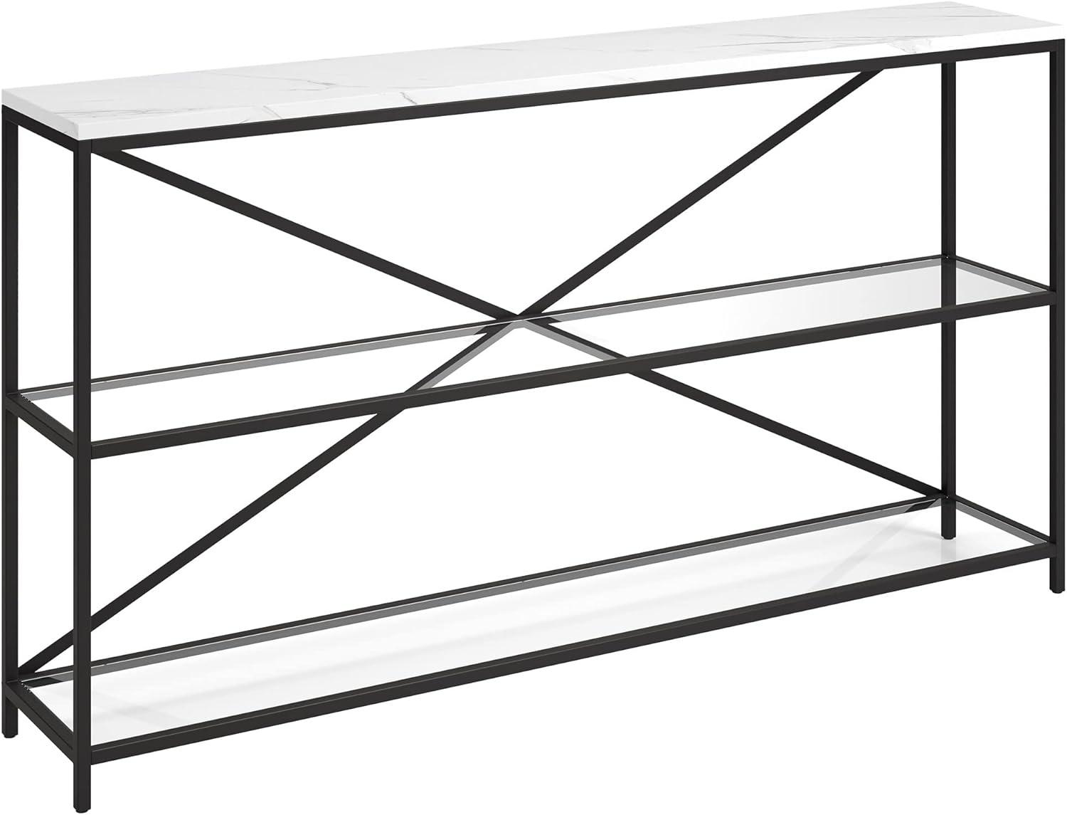 Evelyn&Zoe Fionn 55" Wide Rectangular Console Table with Faux Marble Top, Blackened Bronze