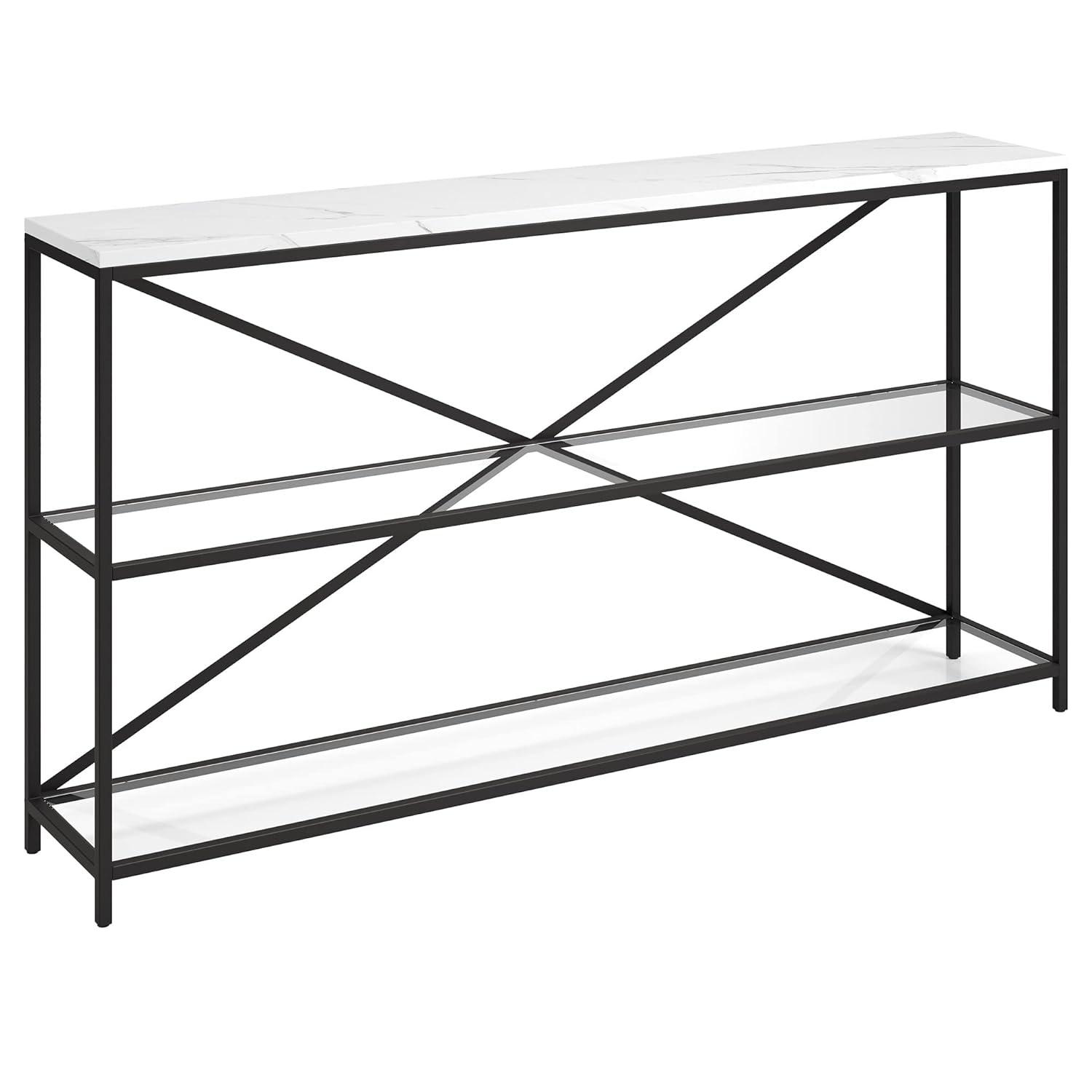 Evelyn&Zoe Fionn 55" Wide Rectangular Console Table with Faux Marble Top, Blackened Bronze