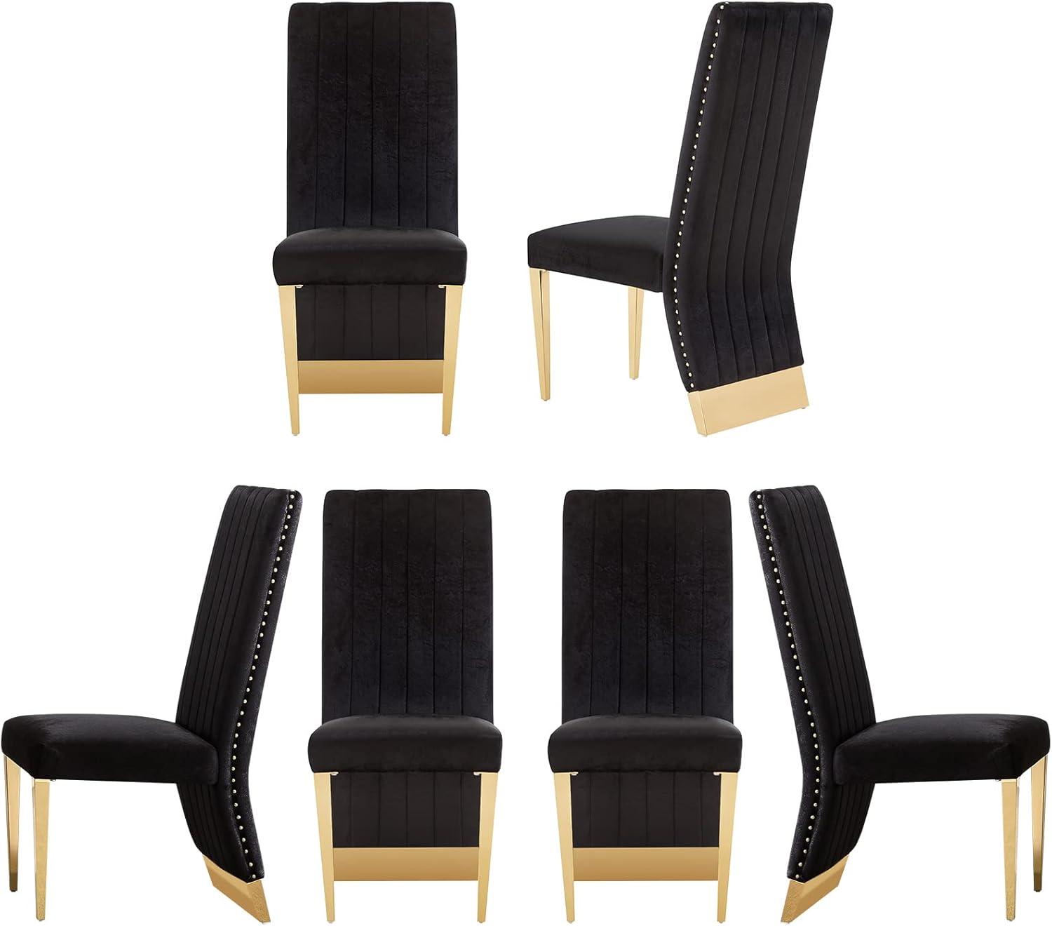 7 Pieces Black and Gold Dining Table Set, Kitchen and Dining Room Table Set with 6 Black Velvet Upholstered Chairs, 72" Rectangular Dining Table Set for 6