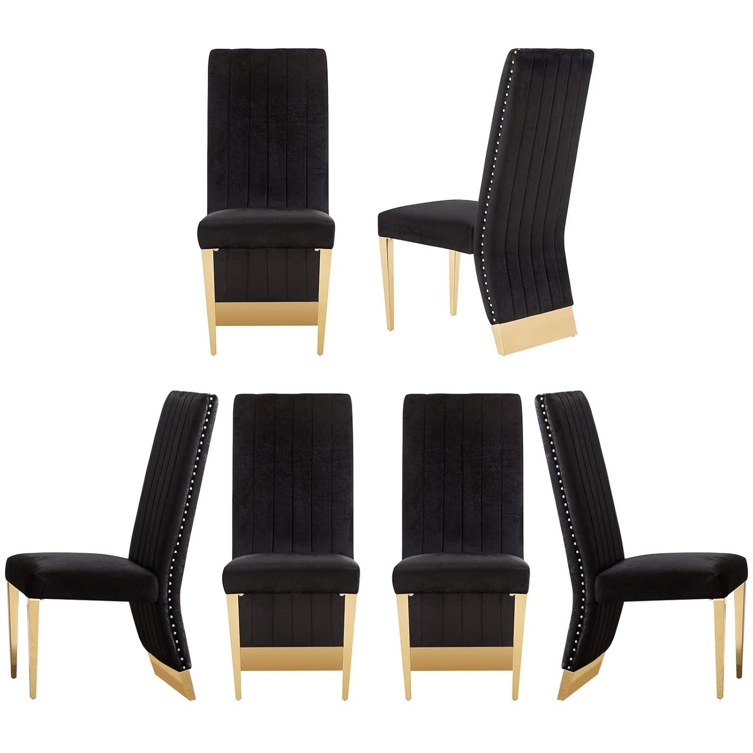 7 Pieces Black and Gold Dining Table Set, Kitchen and Dining Room Table Set with 6 Black Velvet Upholstered Chairs, 72" Rectangular Dining Table Set for 6